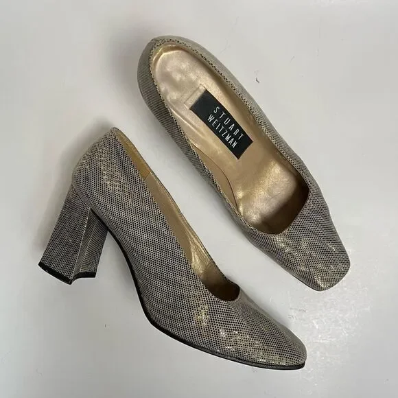 Vintage 90s Stuart Weitzman Snakeskin Reptile Gold Tan Pumps Heels Shimmer 6 6.5 - Picture 11 of 11